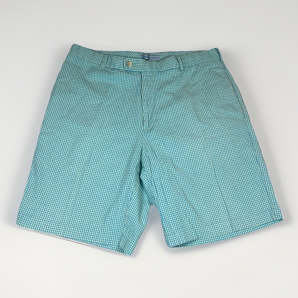 Peter Millar Shorts Men 34x9 Gingham‎ Plaid Seersucker Cotton Golf Blue/Green